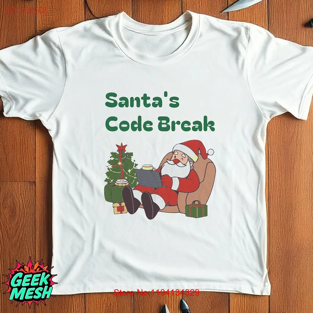 Santa's Code Break T Shirt Fun Christmas Coding Santa Relaxing with a Laptop Perfect for Programmers and Holiday Enthusiasts