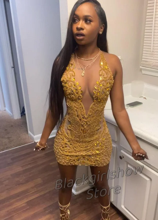 Luxury Gold Short Mini Cocktail Dress 2024 For Women Glitter Beaded Crystal Black Girls Birthday Party Celebrity Dresses فساتين