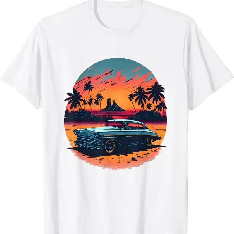 Retro Hot Rod Classic Car on The Beach Gradient Sunset T Shirt