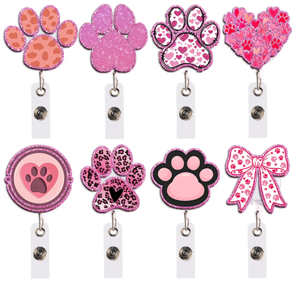 Colorful Pink Badge Reel Retractable ID Holder Leopard Bow Heart Paw Print Flower Unique Gift for Fantasy Lovers