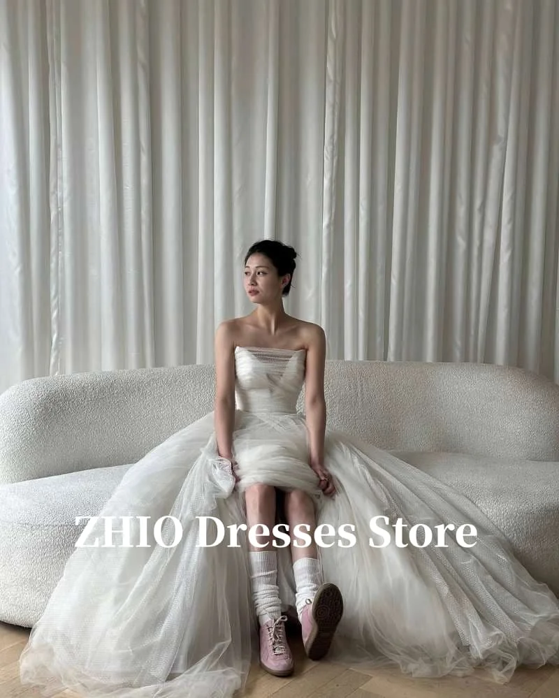 ZHIO Strapless Elegant Tulle A Line Wedding Dresses Korea Photo shoot Floor Length Bride Reception Dress Customized Fairy