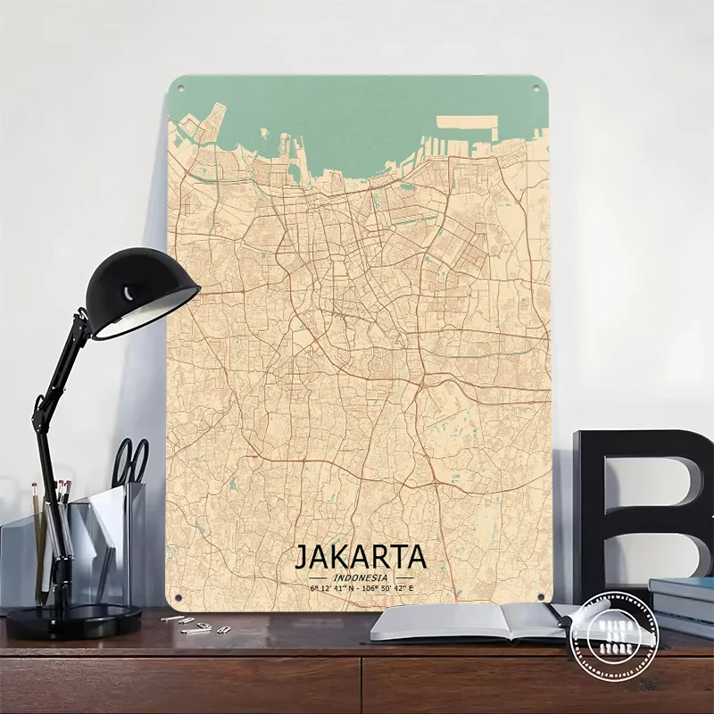 Jakarta Vintage Map Printed Poster Custom Wall Art Retro Vintage Metal Tin Signs for Room Home Decor Bedroom Decoration Garage