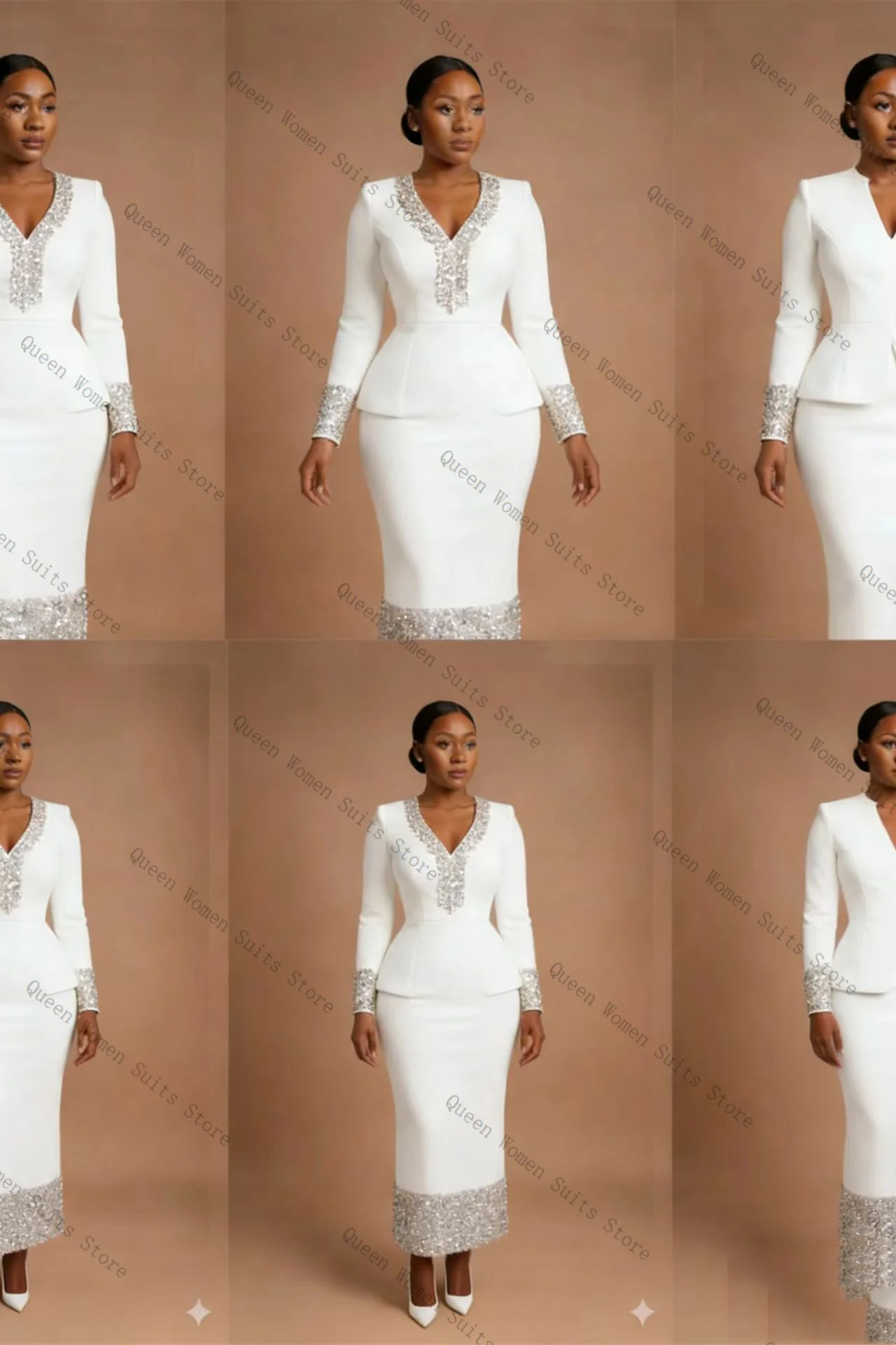 

Crystals Women Suit Skirt Set 2 Pcs Blazer+Prom Dress White Elegant Formal Office Lady Jacket Cotton Wedding Coat Customized