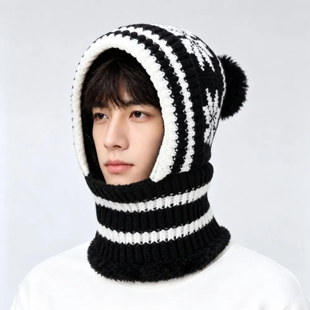 Fleece Lining Knitted Balaclava Hat Snowflake Jacquard Ear Protection Integrated Scarf Cap Soft Elastic Knit Winter Beanie Mask