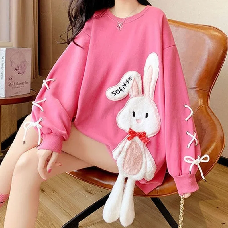 Star Clothes Kawaii Cute Sweatshirt Streetwear Anime Women Pulovers Bunny Women\'s Long Sleeve Top Designer Crewneck Graphic Pink