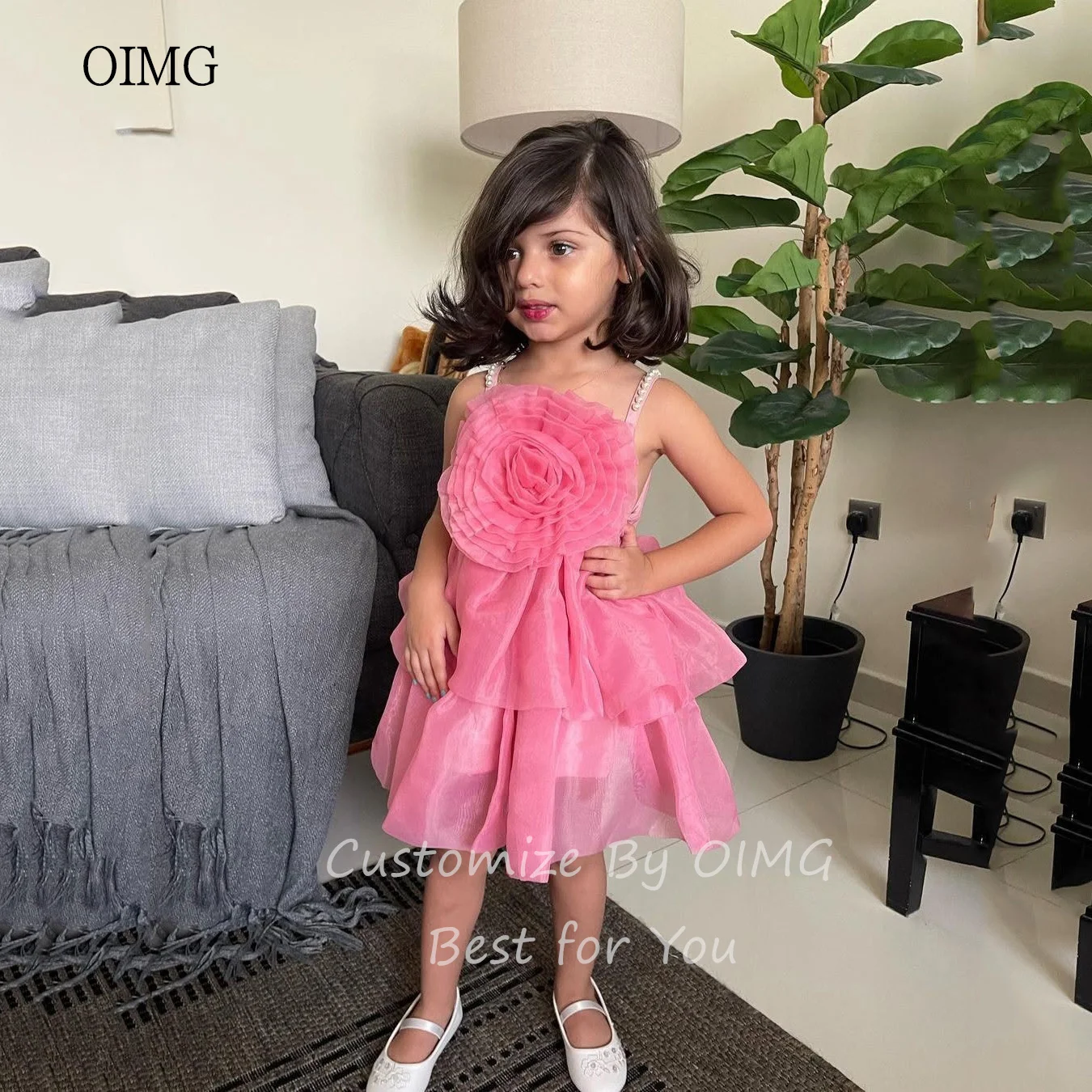 OIMG Peach Pink A Line Flower Girl Dresses Flower Pearl Strap Wedding Party Dress Princess Knee Length Birthday Dress Customized