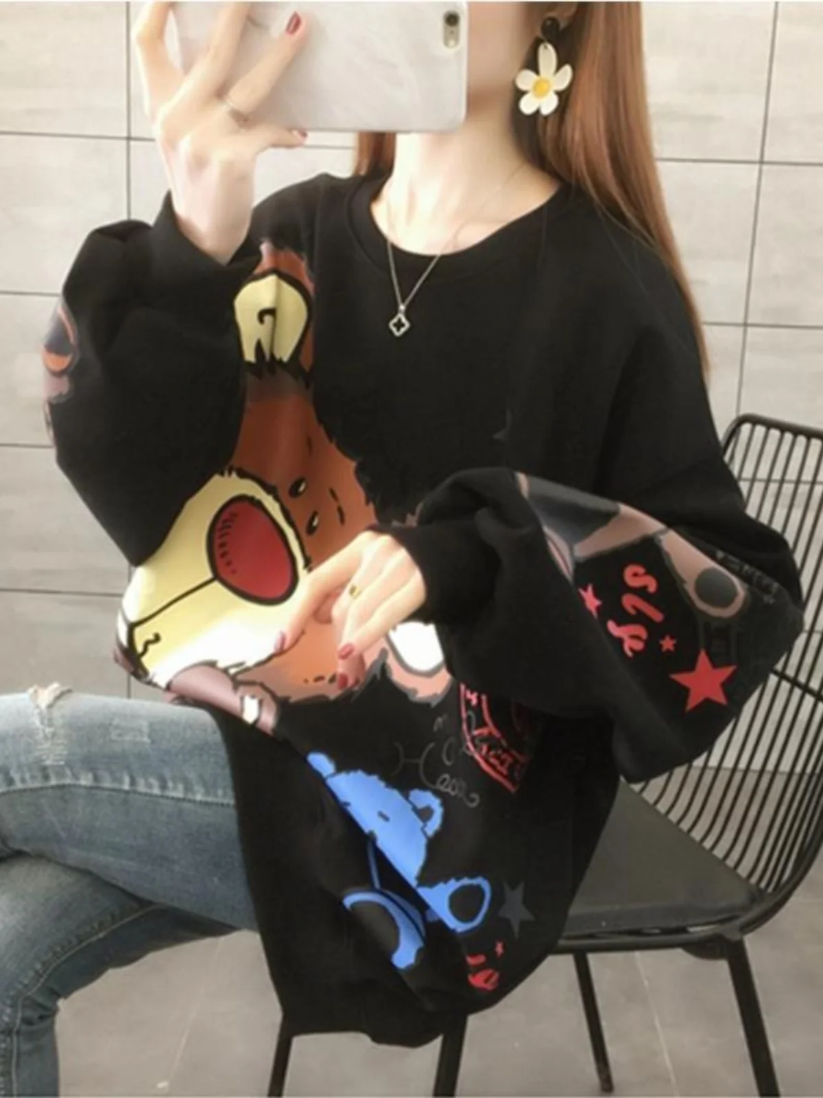 Loose Fit Fce Gefüttert Mittellanges Sweatshirt Damen Koreanische Sle Herbst Winter Oberbekleidung Design Sensation Casual Streetwear