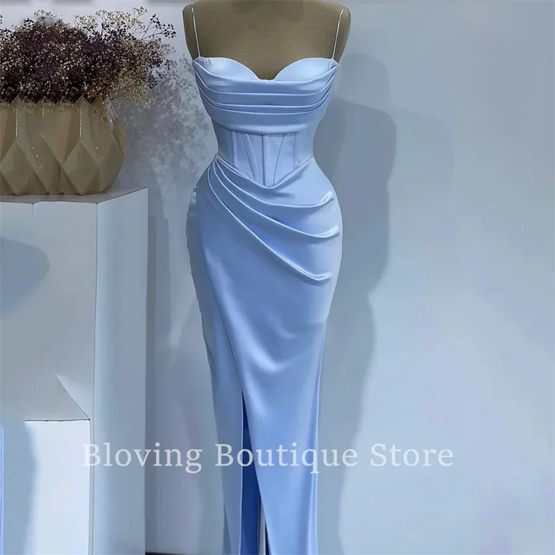 

New Fashion Blue Formal Evening Dresses Spaghetti Straps Dubai Draped Dubai Celebrity Party Gowns Arabia Side Slit Prom Dress