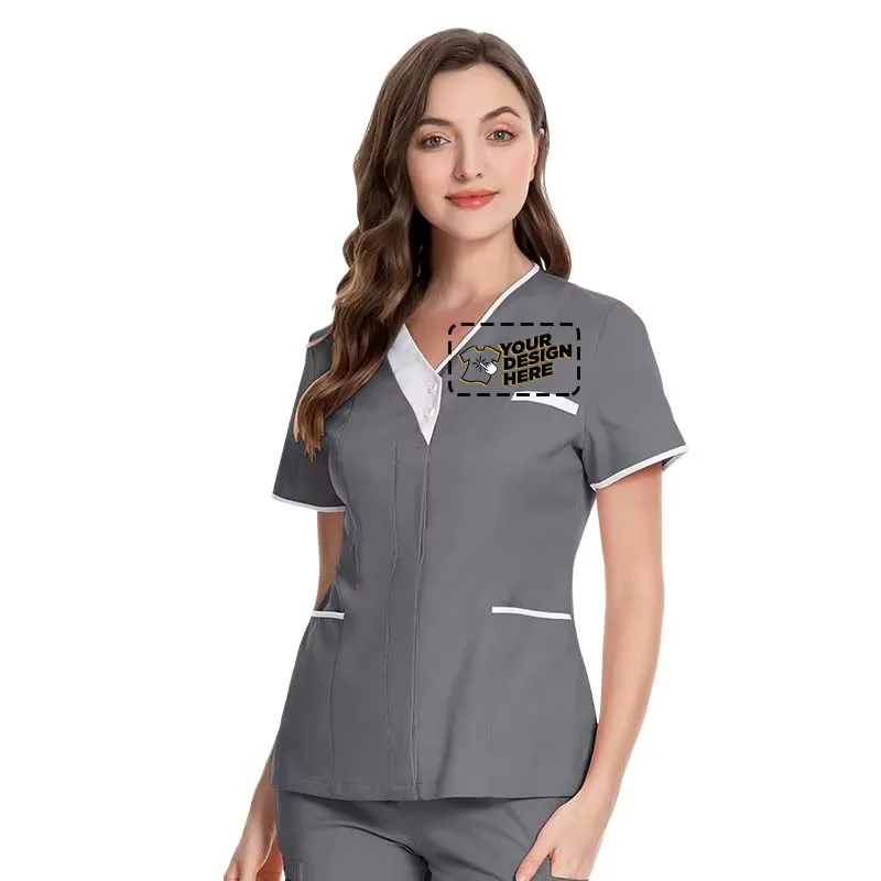 병원 수술 가운 도매 짧은 소매 의사 Nurst 가운 코튼 v 넥 기술자 작업복 클리닉 무료 Cistom 로고