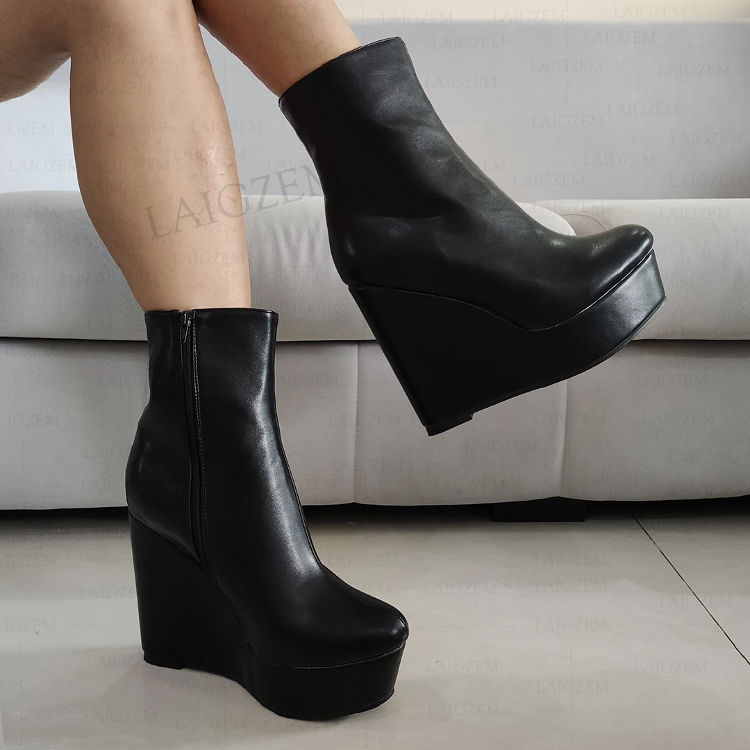 LAIGZEM Women Ankle Boots Platform Wedges Side Zip Up Faux Leather Booties Comfortable Unisex Shoes Woman Big Size 41 46 48 52