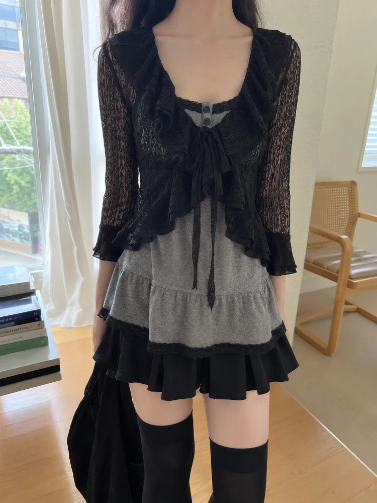 Y2K Gothic Sweet Harajuku 3 Piece Outfit Short Cardigan Slim Fit Vest Mini Skirt Women Vintage Subculture Holiday Matching Suit