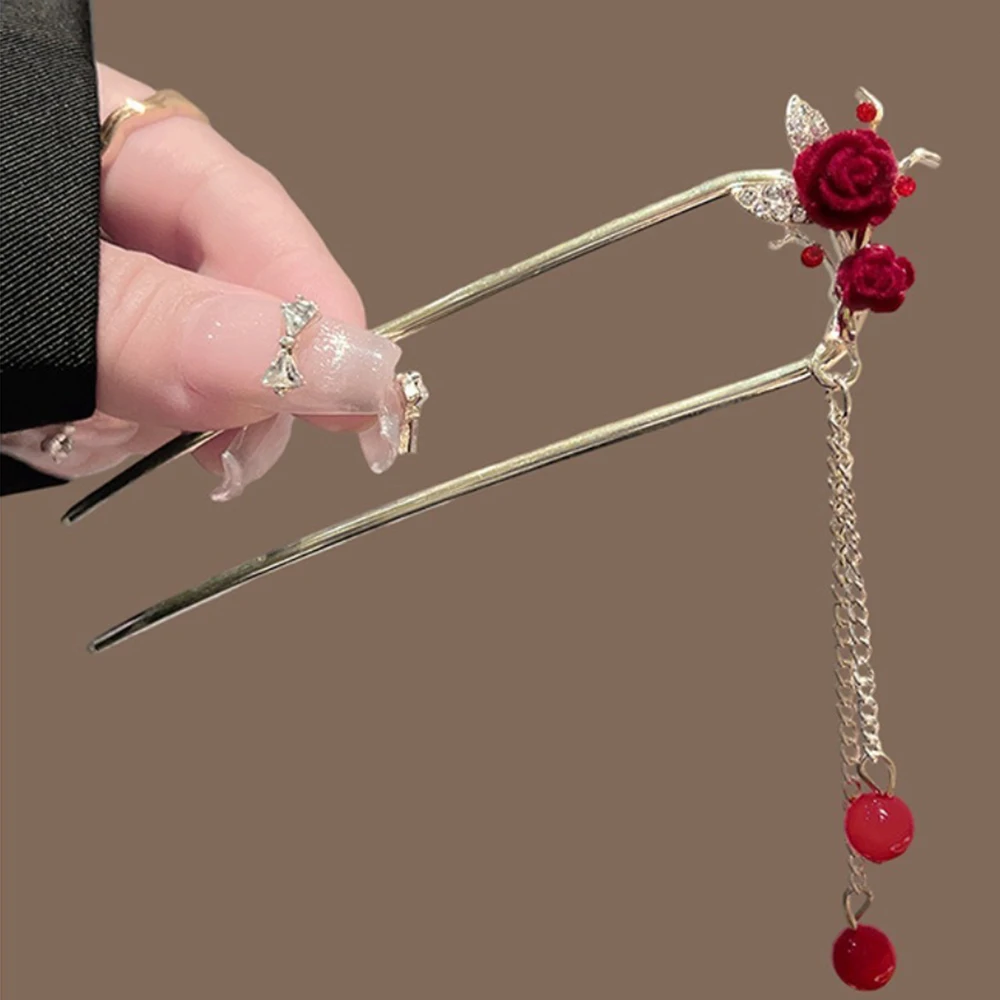 دبوس شعر وردي مخملي أحمر شرابات تصميم رومانسي مستوحى من الصين إكسسوار تقليدي أنيق يومي ساحر ومتطور #2