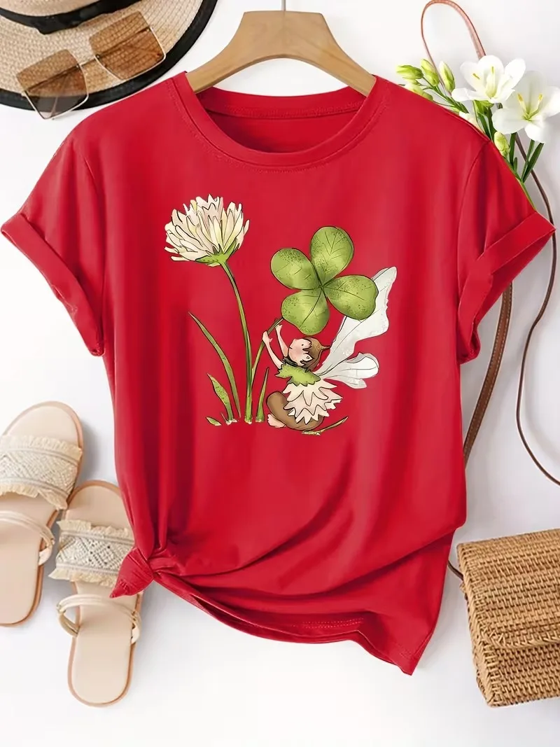 Four-leaf clover Printed Women's T-shirts Fashion Casual Comfortable Daily Round Neck Short Sleeve Tops Harajuku Woman Clothing