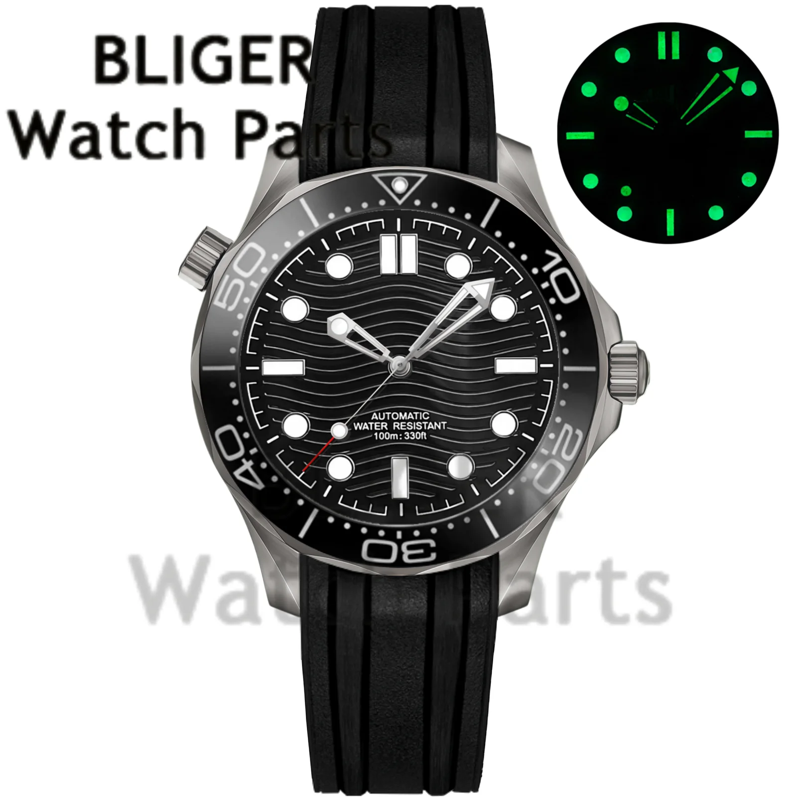Customizable DIY 41mm Titanium Steel Diving Wristwatch NH35A Mechanical Men Watches 6 o'clock Date Rubber Bracelet Roating Bezel view 6