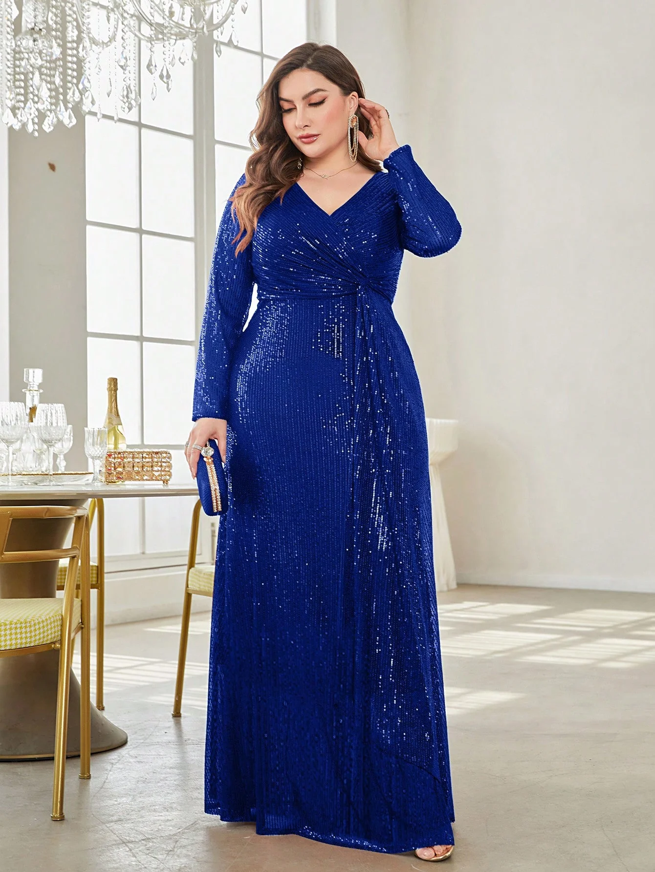 Plus Size Luxury V-Neck Long Sleeves Sequins Evening Dresses Women Elegant Party Maxi Cocktail Graduation Gowns image 3