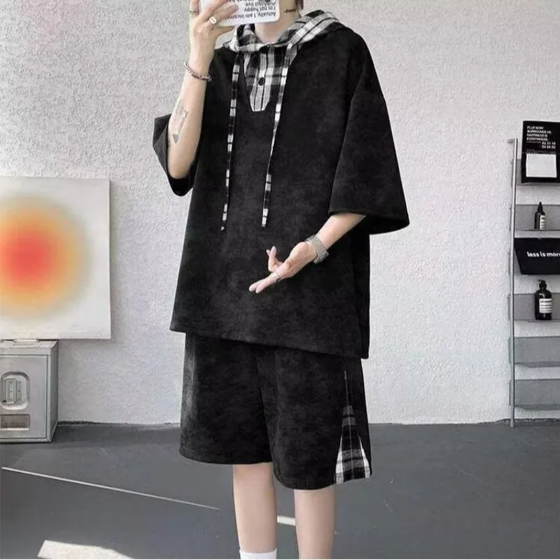 M-8XL Plus Size Men's Clothing Short Sleeved Hooded T-shirt+shorts Pants Sports Set Harajuku, Japan Fashion Casual Two Piece Set view 3