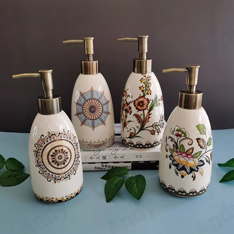 European Ceramic Soap Bottle Flowers Overglaze Decorative Shampoo Press Bottles Ice Crack Home Bathrooms Decoration Accessories