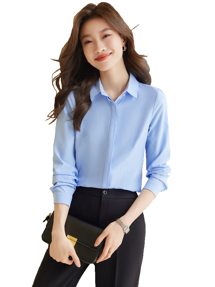 Fashion Styles Elegant Blue White Blouses Shirts for Women Business Work Wear Long Sleeve OL Office Ladies Blouse Tops Clothes