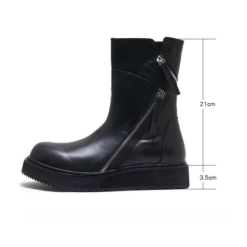 British Black Cowhide Trendy Riding Boots Men's Shoes Thick-soled Platform Chelsea Mid-calf Motorcycle Boots Male High Top