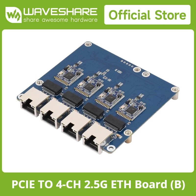 Waveshare PCIe TO 4-Ch Gigabit / 2.5G ETH Board (B) For Raspberry Pi 5, Supports Raspberry Pi OS, Driver-Free, Plug And Play
