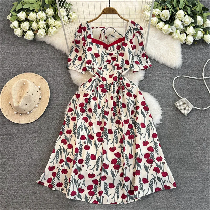 

2025 summer rose print temperament dress female Korean version high-waisted slimming short-sleeved mid-length A-line dress