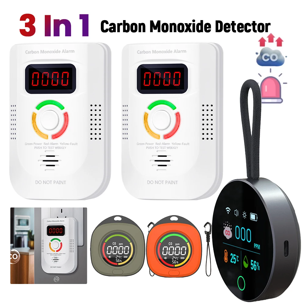 3 In 1 Carbon Monoxide Detector 1000mAh Portable Gas Detector CO Detector Alarm Temp Humidity Sensor for Outdoor Camping RV Car