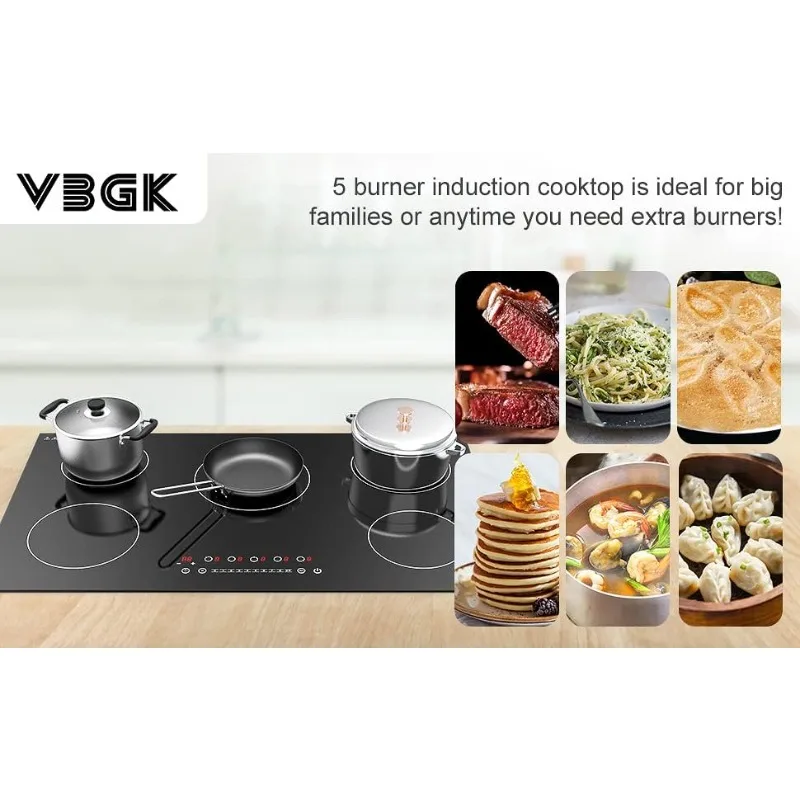 VBGK Induction Cooktop,with 5 Burners Desktop Built-in Cooktop,7400W 240V Induction Stovetop 9 Power,Levels Sensor Touch Control