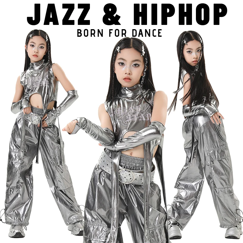

New Children Ballroom Hip Hop Dance Costumes For Girls Sliver Vest Loose Pants Streetwear Jazz Performance Stage Clothes XH3609