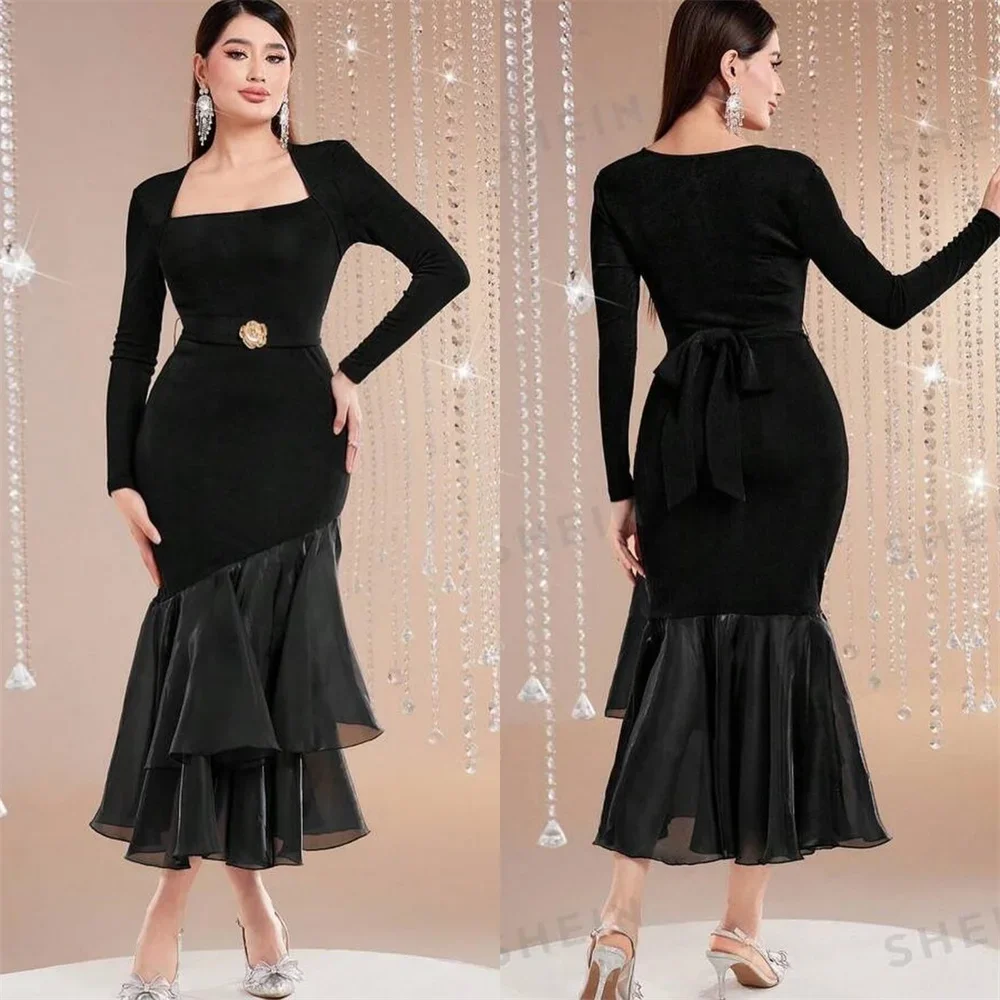 

Customized Formal Dress Evening Dearin Square Collar Mermaid Tea Length Skirts Tassel Fold Shirred Bespoke Occasion Dresses Prom