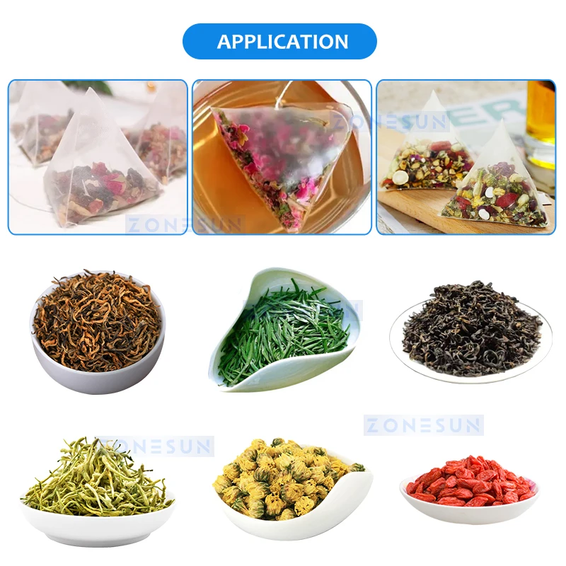 ZONESUN VFFS Pyramid Tea Bag Packing Production Machine Vertical Form Fill Seal Tea Leaves Nylon Pouch Filling Sealing ZS-SJB90