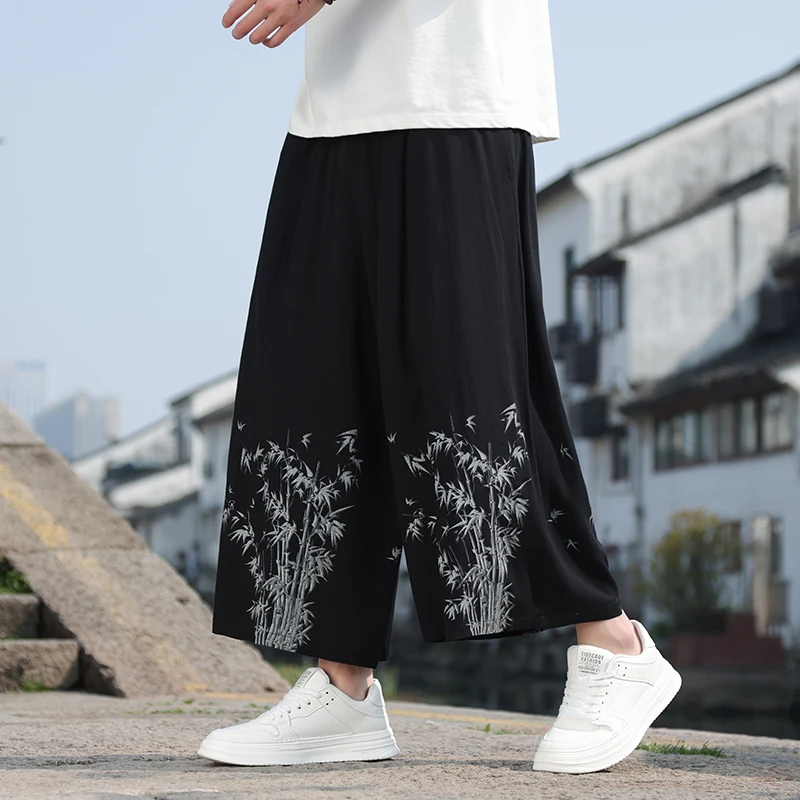 

Mens Cotton Linen Capri Pants Light Loose 3/4 Long Shorts Elastic Waist Bamboo Embroried Harem Casual Beach Trousers M-XXXXXL