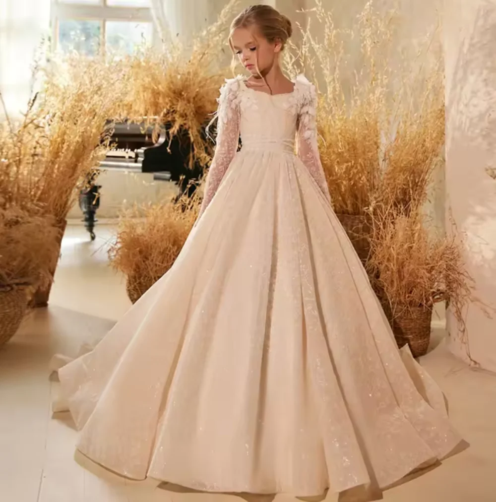 

Champagne Luxury Long Sleeve lace Applique Girl Dress for Princess Wedding Birthday Party Gowns vestidos de novia