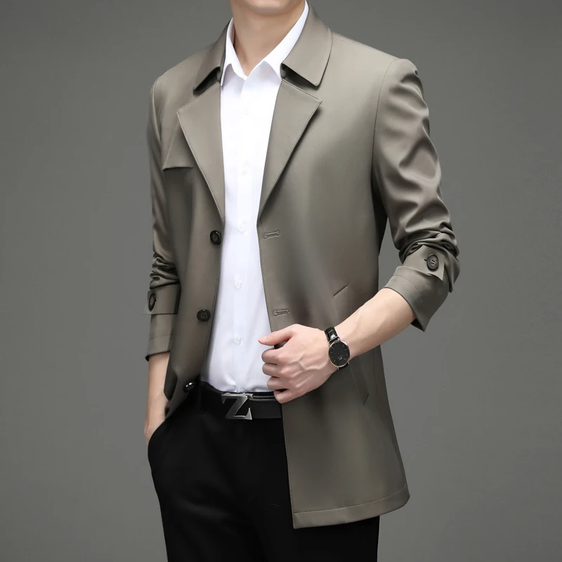 Spring Autumn Medium Length Men's Trench High Quality Solid Color Single Breasted Business Casual Male Outerwear Coats