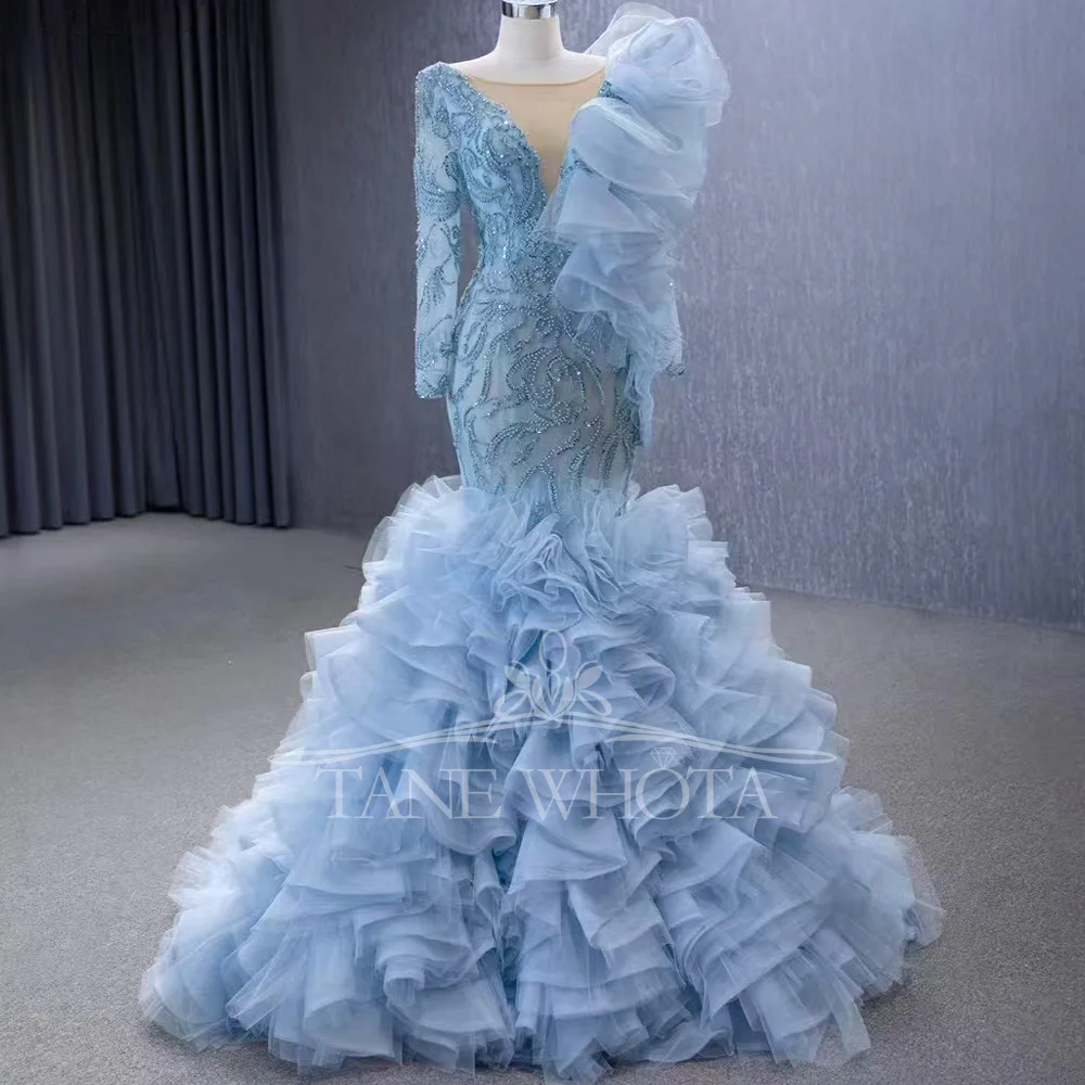 Blue Prom Dress Customizable Lace-Up Back Beaded Embroidery Sheath Gown O-Neck Long Sleeve Evening Custom Fit