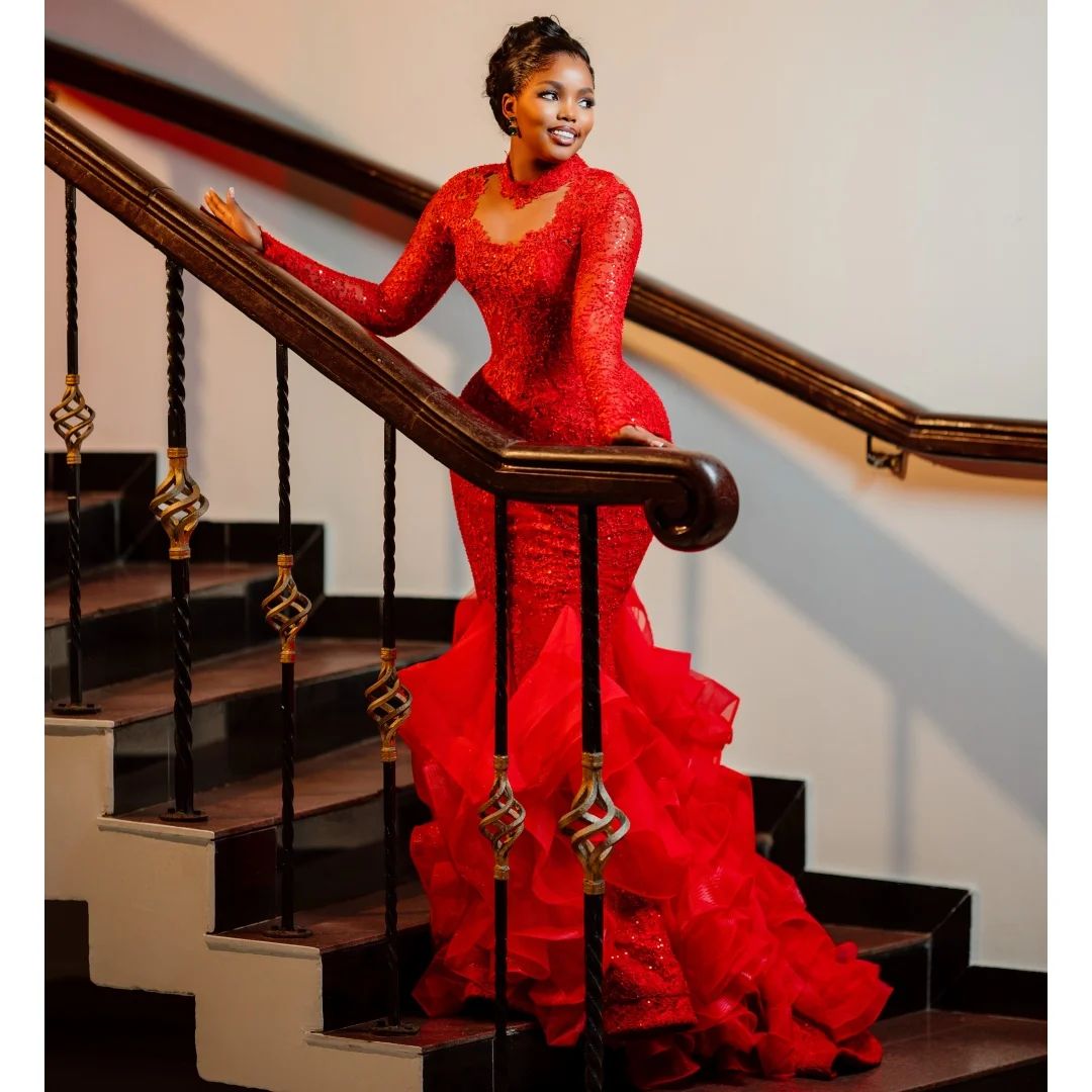 Exquisite Mermaid Evening Dresses Ruffles Skirt Lace Sequined Party Dress Beading Prom Gown Plus Size Vestidos Customized