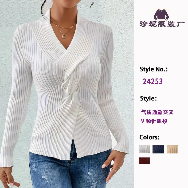 Slim Women Pullovers V Neck Sweater Long Sleeve Slit Jumpers Thread Spliced Sweaters Casual Basics Slight Strech Autumn