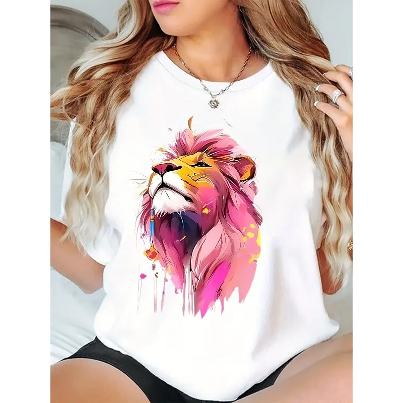 Ladies' Sports and Leisure T-shirt Bright Pink Splashed Lion Pattern Soft Round Neck Design All Season Fashionable Streetwear