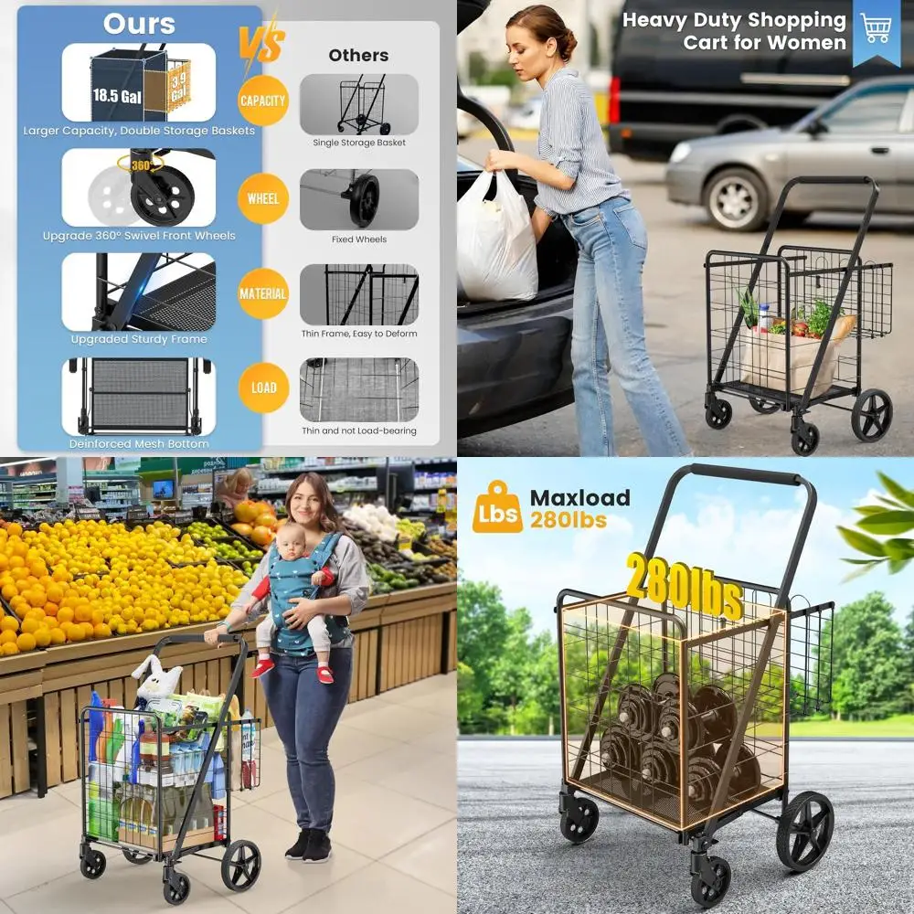 

Прочная водонепроницаемая тележка для покупок с защищенной сеткой, двойной корзиной на 23 галлона и поворотом на 360° ° Поворотные колеса, выдерживают нагрузку до 260 фунтов, для продуктов.