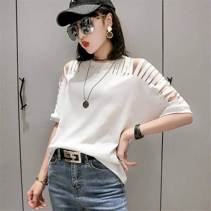 2024 Summer Trendy T Shirts Women Strapless Temperament Goddess Style Loose Bat Shirt Fashion Hole Short Sleeve Tshirts Woman