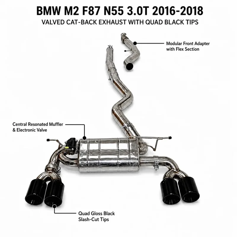 Dual Valve Catback Exhaust Quad Black Titanium Tips for BMW M2 F87 N55 Aggressive Racing Tone Upgrade
