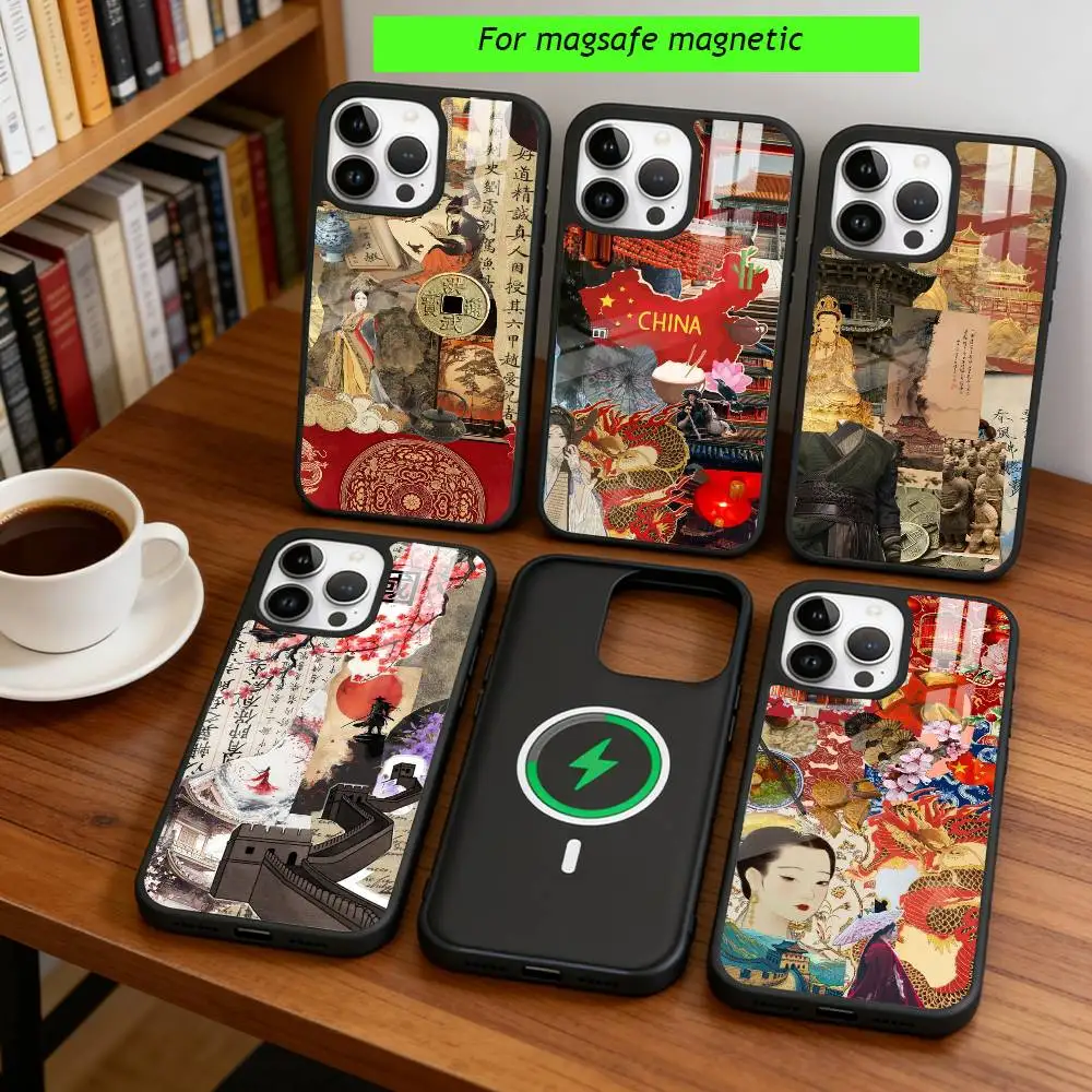 Retro Chinese collage-style patterns Phone Case For iPhone17,16,15,14,13,12,11 Plus,Pro Magnetic For Magsafe Wireless Charging