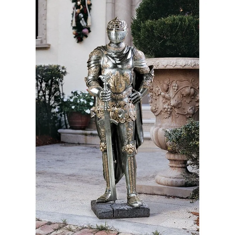 King's Guard Medieval Decor Half Scale Knight Armor Gothic Statue 39 Inch Cast Stone Resin Metallic Finish with Faux Stone Base