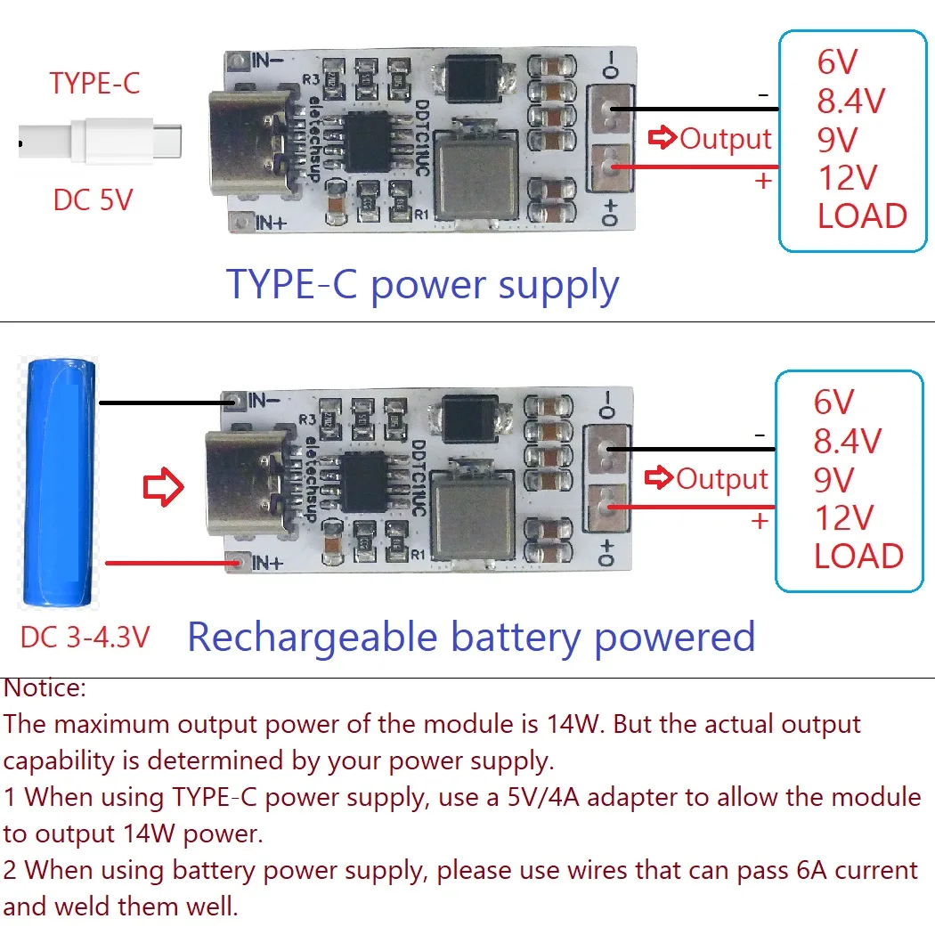 TYPE-C Boost DC-DC Converter Voltage Regulator for Arduino Router Wifi IP Camera NAS Network Disk 14W DC 5V to 6V 8.4V 9V 12V