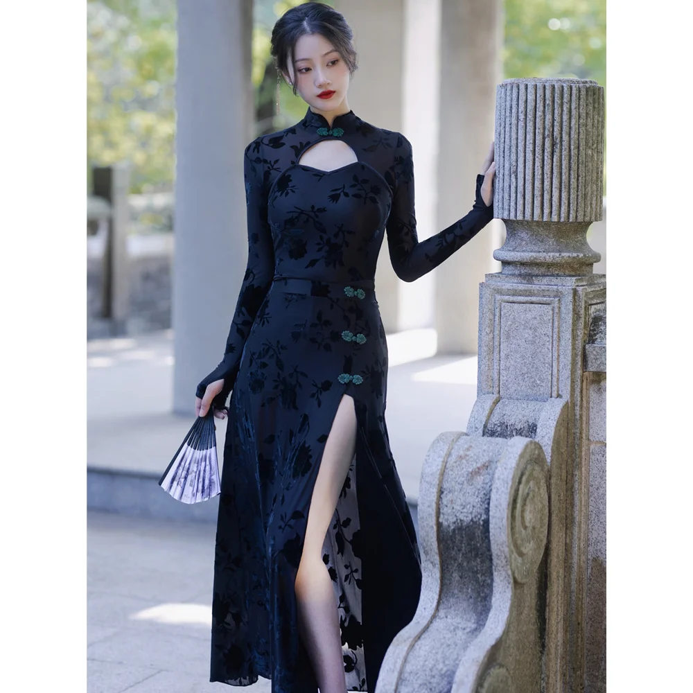 

Qipao Traditional Cheongsam For Women Hollow Out Black Print Bodycon Qipao Slim High Split Sexy Evening Prom Dress Female