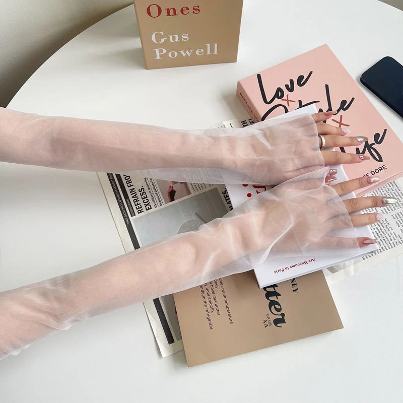 

Transparent Mesh Sunscreen Long Arm Sleeves Sexy Thin Lace Tulle Gloves Costume Party Wedding Bride Dress Elbow Gloves