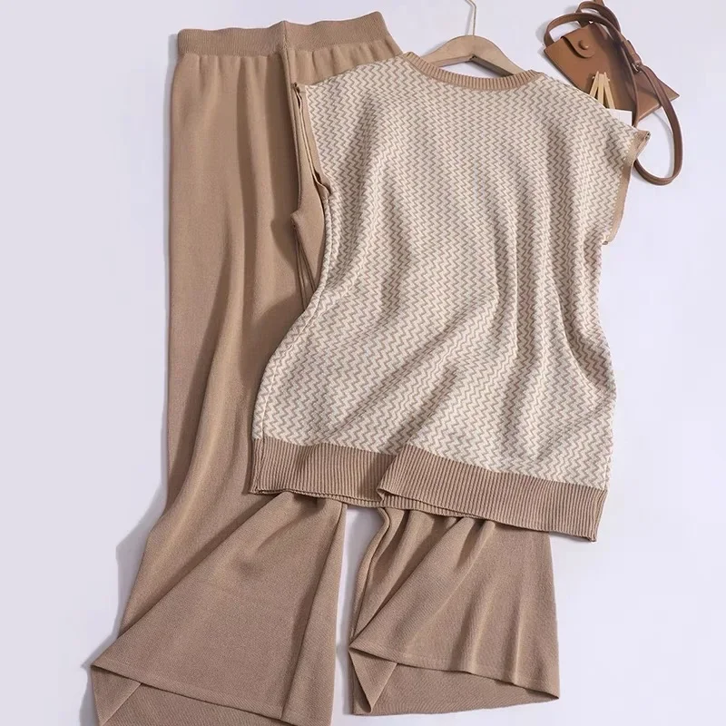 Women New Summer Casual Loose Knit Set Contrast Color Striped O-neck Sleeveless Tops and Solid High Waist Wide Leg Pants Outfit