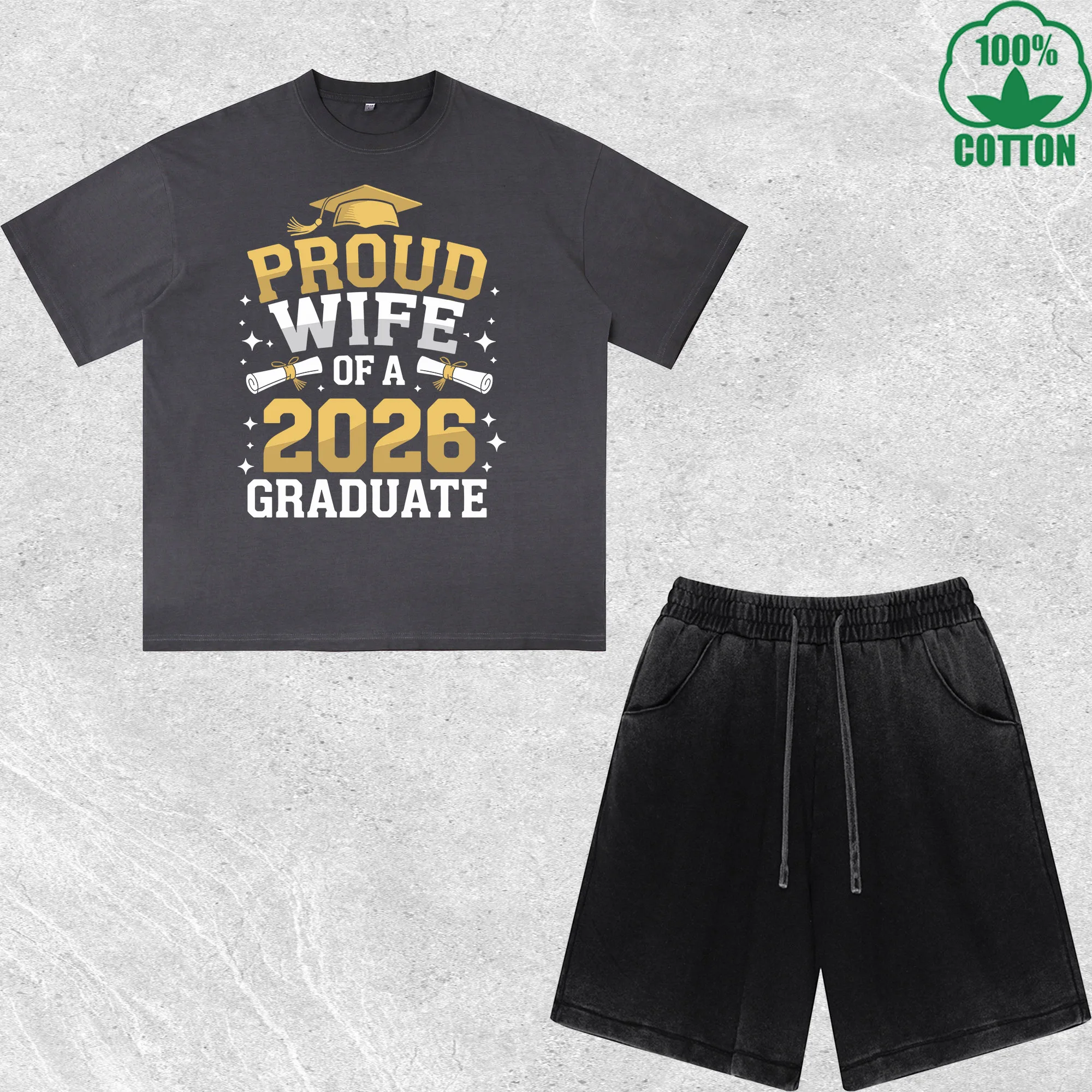 

2026 Graduate Printed Dirty Wash T-Shirt Shorts Set Multicolor Combo Loose Trendy Fashionable 100%Cotton