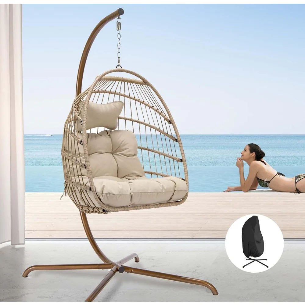 Indoor Wicker Hanging Egg Chair UV Resistant Cushions 350lbs Capacity for Patio Backyard Balcony Egg Chair with Cover Cream