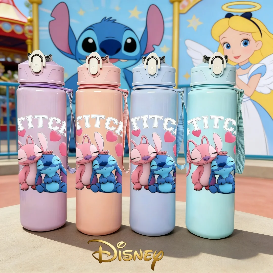 

Бутылка для воды с 3D-печатью узоров Ангела и Стича, забавный дизайн в кинотематике, новая крышка с кнопкой, многоразовая, с милыми принтами