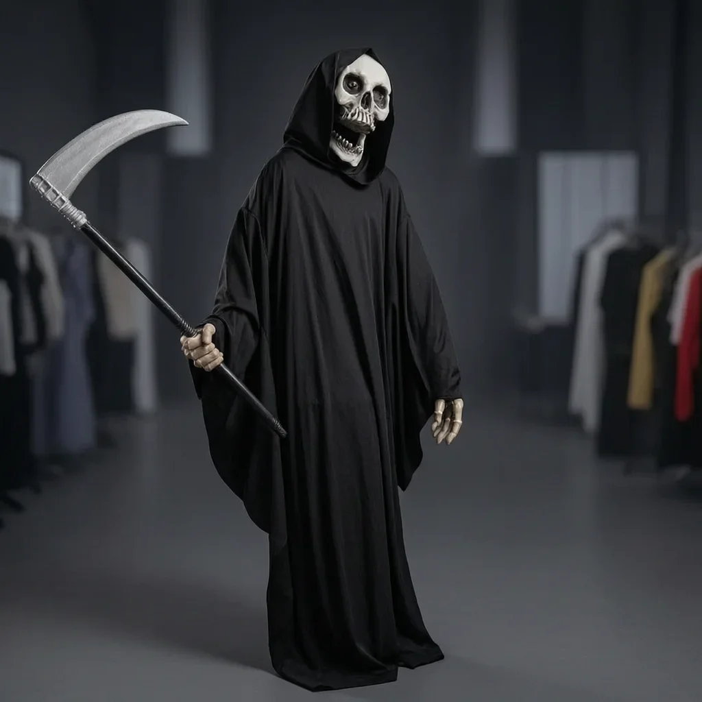 Horror Props Costume Halloween Cosplay Skeleton Mask Hooded Robe Ghost Cloak Long Shicosplayrt for Escape Room Haunted House NPC